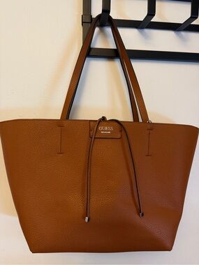 GUESS Cognac Pebbled Tote with Drawstring Detail